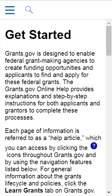 Mobile view of Grants.gov Online Help