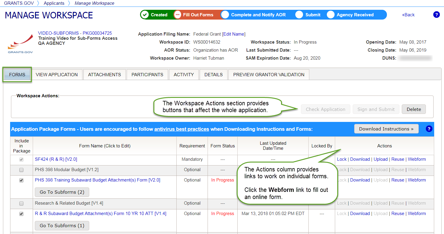 Forms tab on the Manage Workspace page